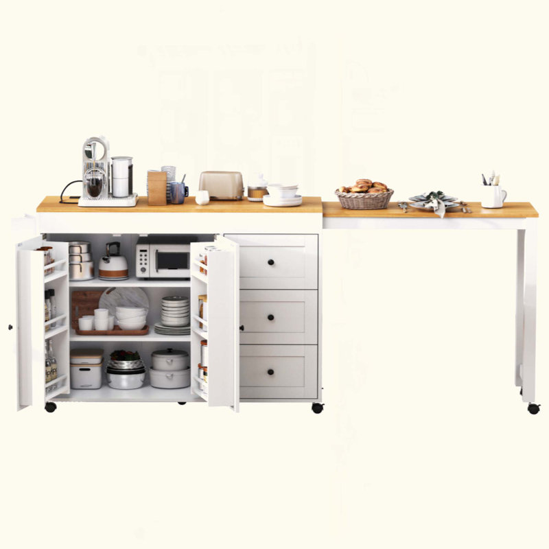 Îlot de cuisine avec table de salle à manger extensible, chariot de rangement de cuisine avec 3 tiroirs, prise de courant, îlot de cuisine sur roulettes avec support à épices et armoire à 2 portes, pour la cuisine