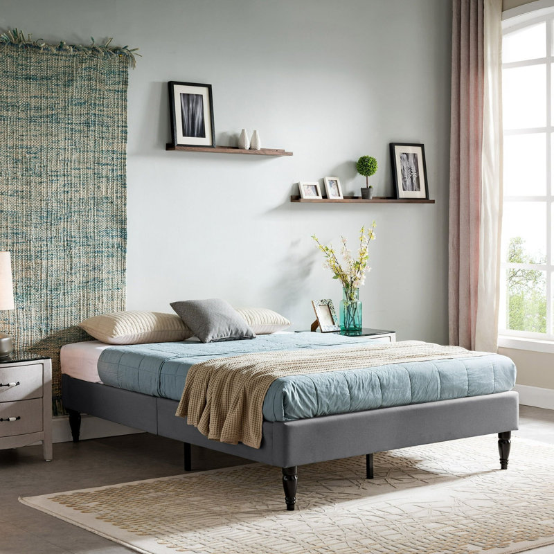 Grand lit contemporain tapissier avec pieds tournés, gris anthracite et noir