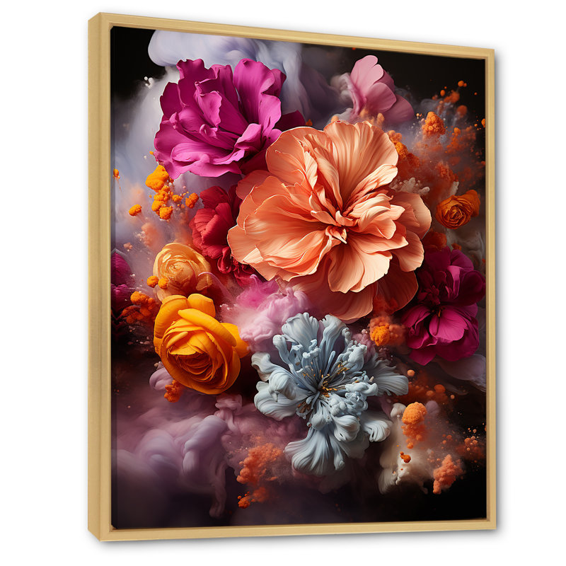 Collage de fleurs vibrantes de dahlia sur toile, H 32 po x l 16 po, Cadre flottant brun