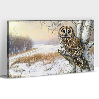 Grande chouette hivernale, art mural sur toile de bouleau enneigé, impression de paysage de forêt tranquille, affiche rétro sur toile nature pour Noël, salon, bureau de chambre à coucher, 20 po x 30 po