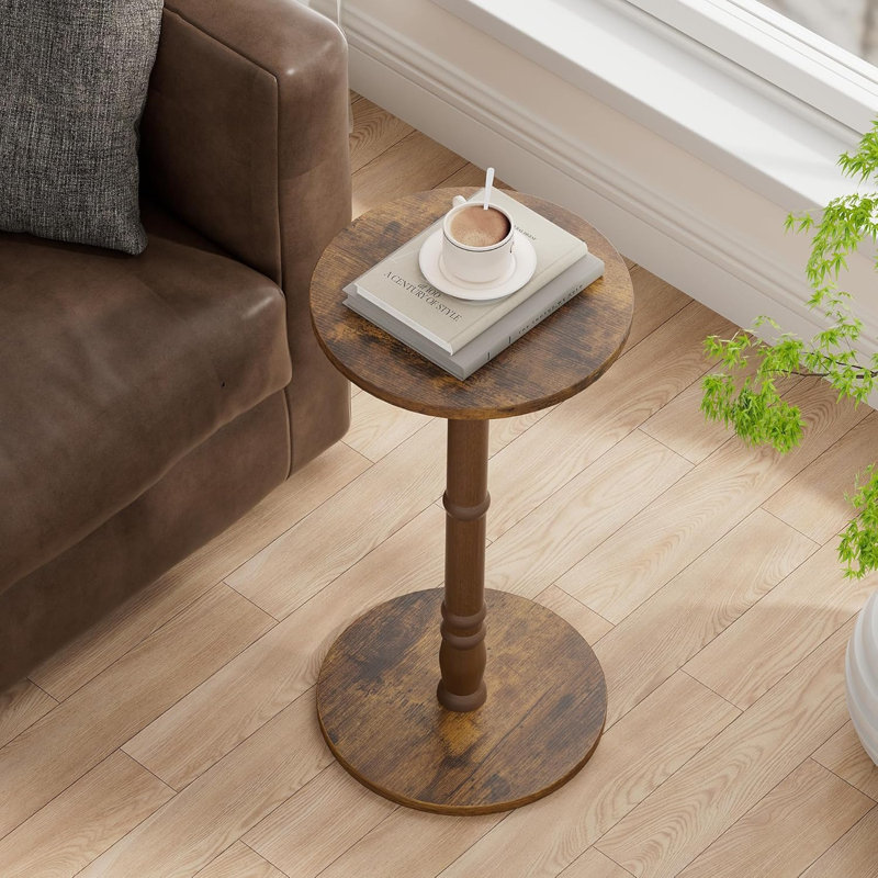 Table d'appoint ronde, pilier en bois massif avec plateau et base en bois, petite table d'appoint pour le salon, la chambre à coucher, le canapé et le bureau, assemblage facile, brun rustique