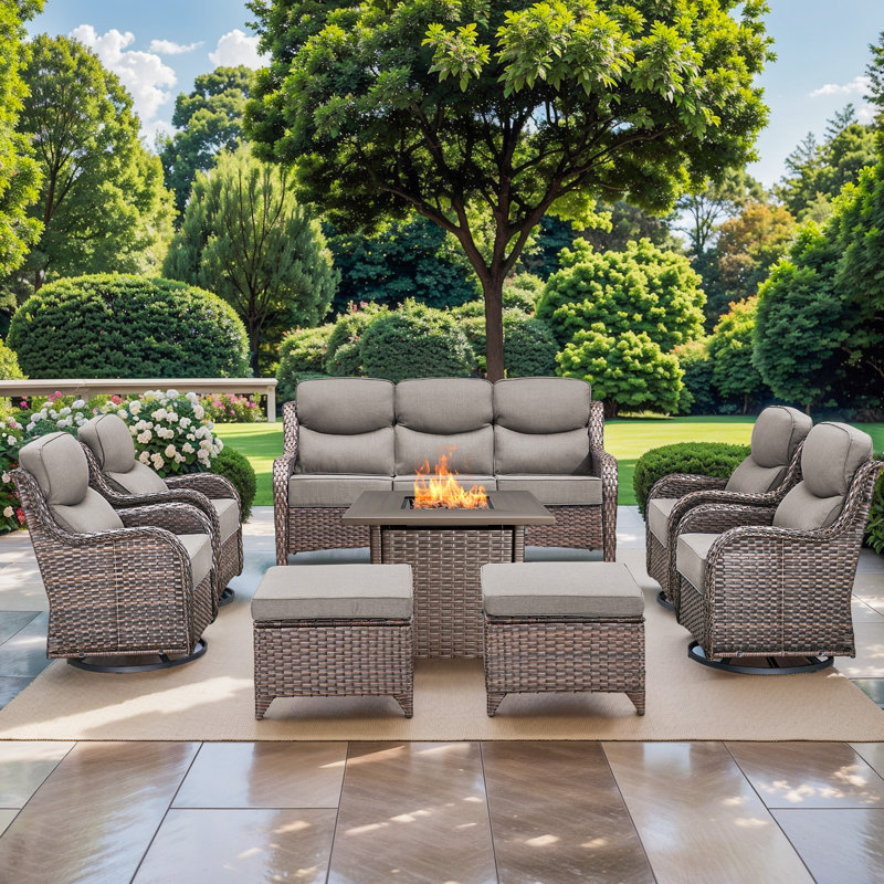 High Back Outdoor Furniture With 6-Inch Extra Thick Cushions, Patio Furniture Set With Fire Pit Table & Swivel Chairs, 8PCS Wicker Conversation Set For Yard, Deck, Poolside