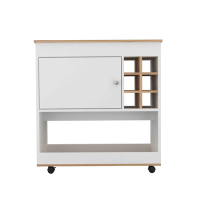 Modern Bar Cart, Lower Panel, Six Bottle Cubbies, One Cabinet -Light Oak / White
