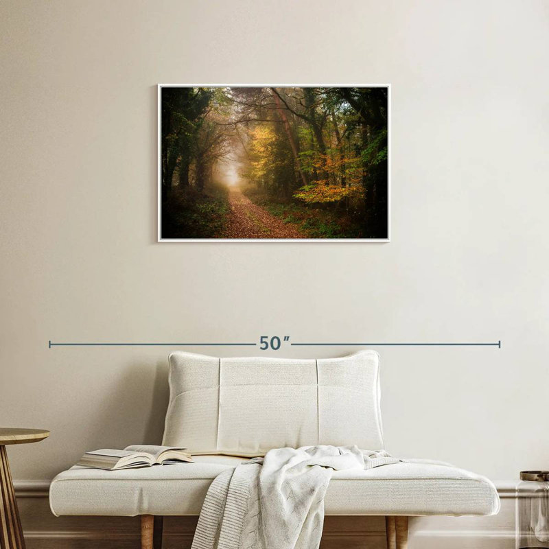 Chemin dans la forêt d'automne, Cadre flottant blanc, 31 po x 21 po