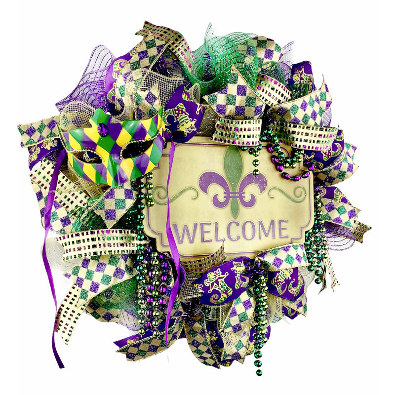Couronne décorative en filet 18 po Mardi Gras Welcome