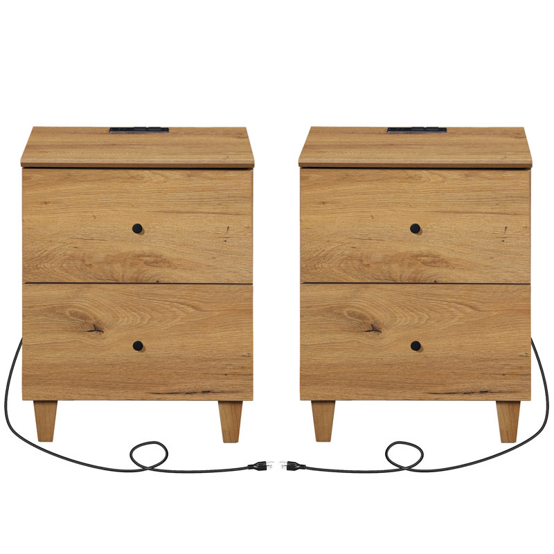 Lysiane 2 - Drawer End Table Set and Built-In Outlets, Oak Brown