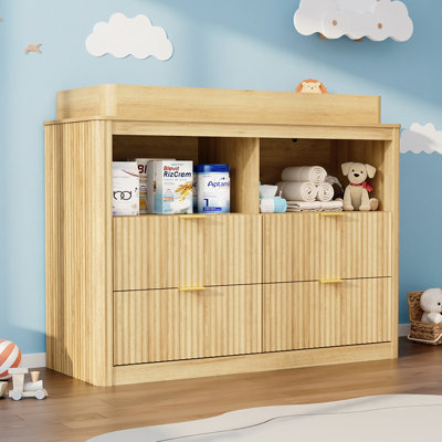 Table à langer cannelée avec 4 tiroirs et espace de rangement ouvert, tables à langer en bois à conception amovible pour chambre de bébé