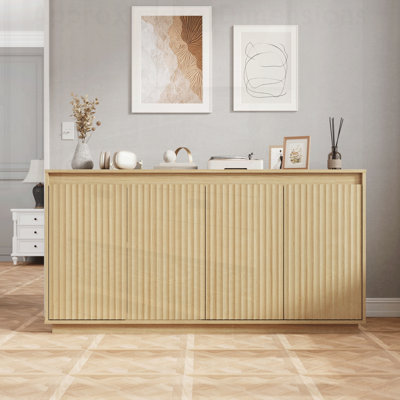 4 Door Sideboard Buffet Cabinet with Power Outlet, Wavy Texture Accent and No-Handle Design for Modern Storage Solutions