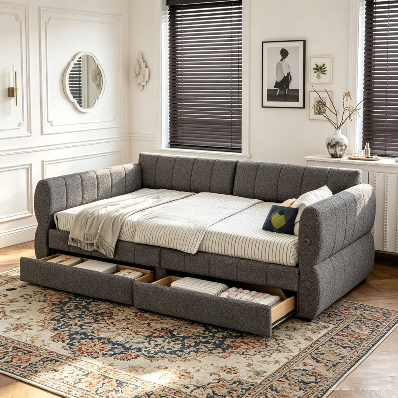Lit plateforme tapissier, Gris et deux tiroirs, Très grand lit