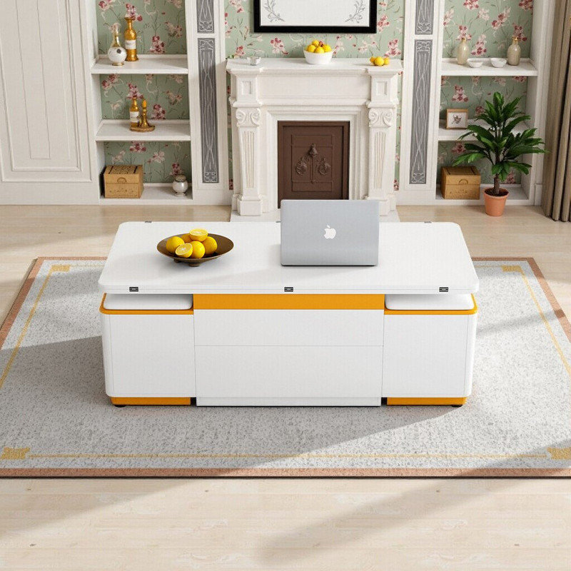 Table basse à plateau relevable multifonctionnel avec tabourets de rangement 47,2 po, Blanc