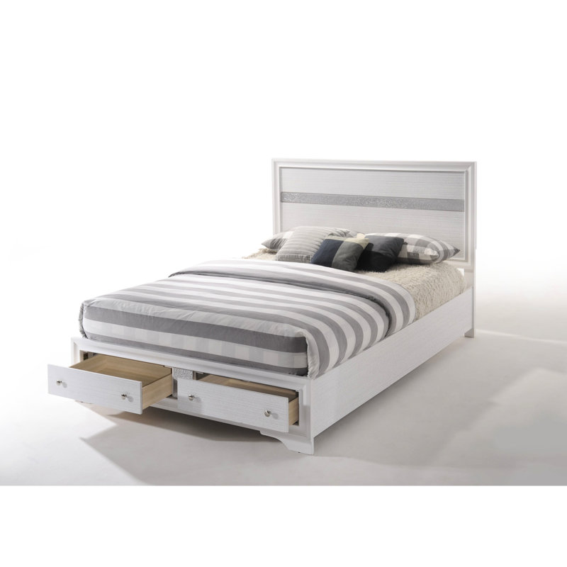Low Profile White Ek Bed With Storage Space Availability, 5 Slats And 8 Support Legs, Made Of Particleboard Veneer, 700Lbs Limit Provision, Panels, No Box Spring, Quick Setup