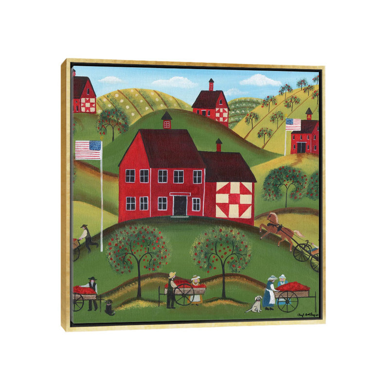 Primitive Americana Red Apple Barn par Cheryl Bartley - impression sur toile tendue, Cadre doré, H 12 po x l 12 po x P 1,5 po