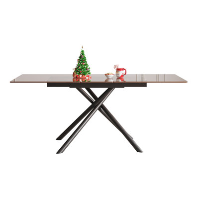 59-Inch Modern Rectangle Expandable Dining Table With Retractable Leaf, Black Sandblasted Glass Top & Carbon Steel X-Base, Sturdy 4-6 Person Table For by Ivy Bronx