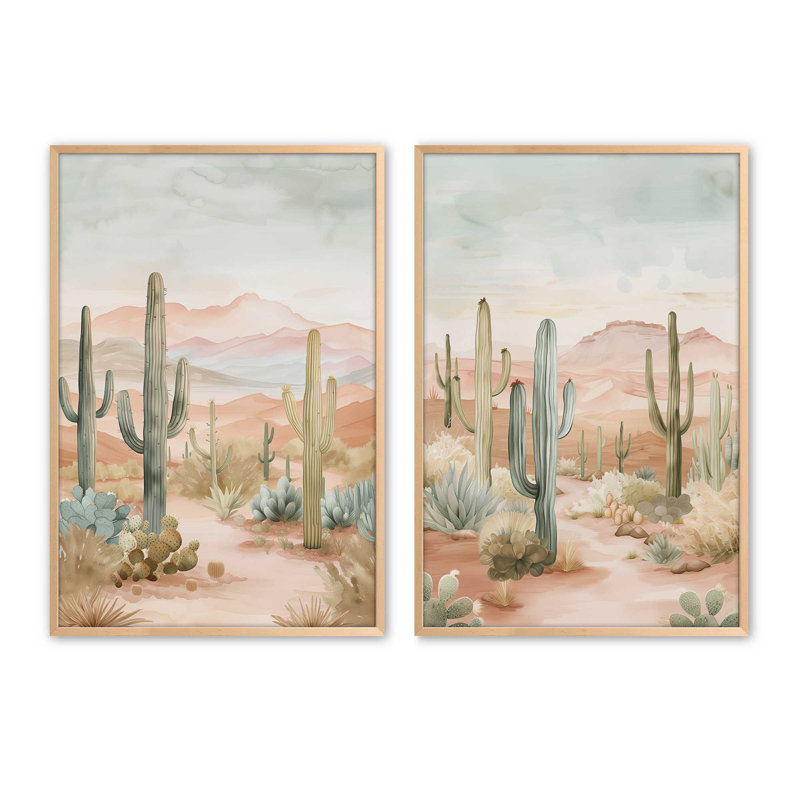 Ensemble de 2 estampes de cactus, Érable brut, 17" H x 26" W