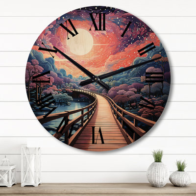 Coral Bridge Dreamy Passage Pointillism I - Pointillism Oversized Wood Wall Clock