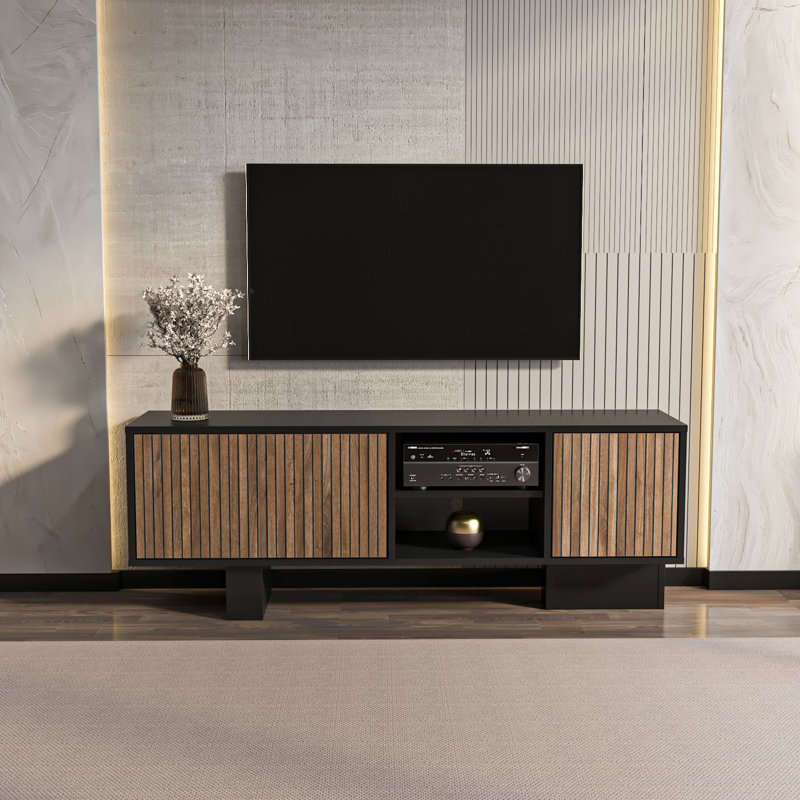 Modern TV Stand, Black & Brown, 59.1 x 21.3 x 13.8 inches | 100% Melamine Coated Particle Board, Thickness: 0.7 inches | Stylish Industrial Design for Living Room & Entertainment Spaces, Durable & Functional