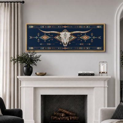 «Southwestern Bull Skull Boho Western Rustic Room Decor Extra Large», reproduction d'art sur toile encadrée