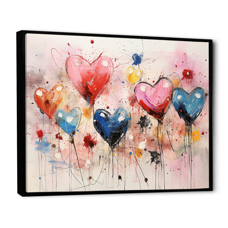Rose et bleu cœur Pop Art 1 - Art mural Pop Art, Cadre flottant noir, H 34 po x l 44 po x P 1,5 po
