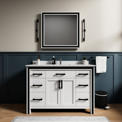 Meuble-lavabo blanc 48 po - comptoir en quartz massif - fermeture en douceur, surface grattée et teintée, 6 tiroirs et 1 armoire pour la transformation de la salle de bain x 22 po