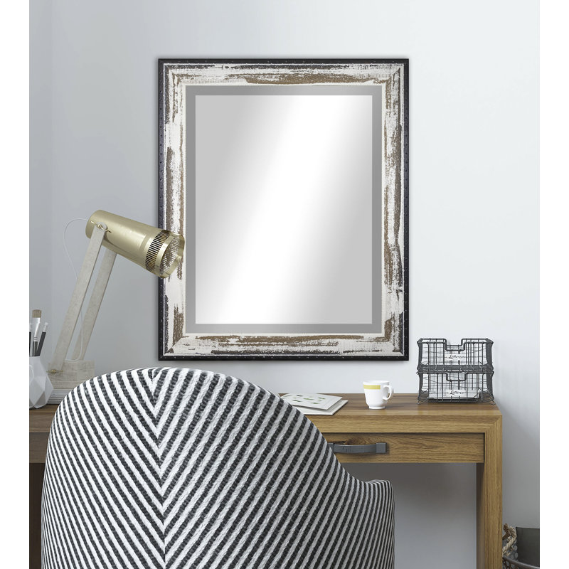 Solid Wood Flat Wall Mirror, Brown/Cream Distressed