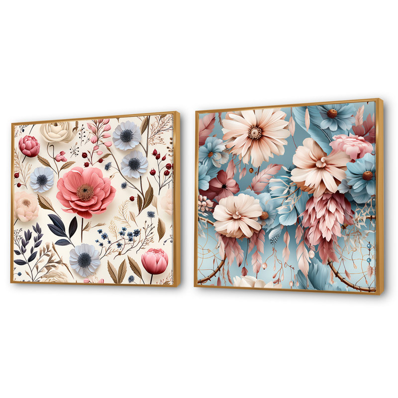 Arda - Ensemble de 2 collages carrés floraux, Cadre flottant doré, H 36 po x l 73 po