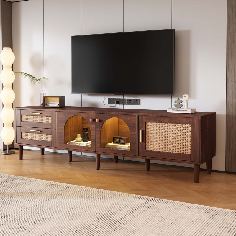 Rattan TV Stand With 3 Cabinets & 2 Drawers, LED Light Entertainment Center For Tvs Up To 80'', Multifunctional And Stylish Media Console Table