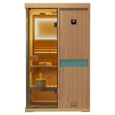 Sauna vapeur d'intérieur traditionnel Samsora pour 2 personnes avec luminothérapie rouge, conception à panneaux ioniques négatifs, 2500 W/240 V, bois de pruche, 35 °C à 110 °C, haut-parleur Bluetooth et lampe de lecture intégrés, poêle et pierres de sauna inclus.