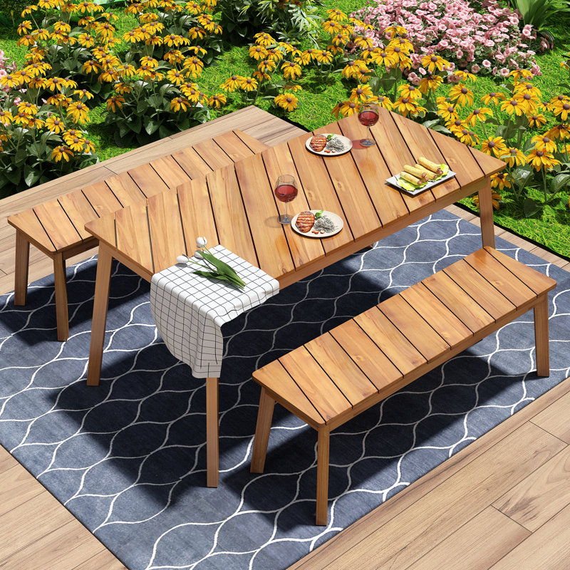 3-piece Acacia Wood Dining Set With 2 Benches - Indoor/outdoor Picnic Beer Table For Patio/garden