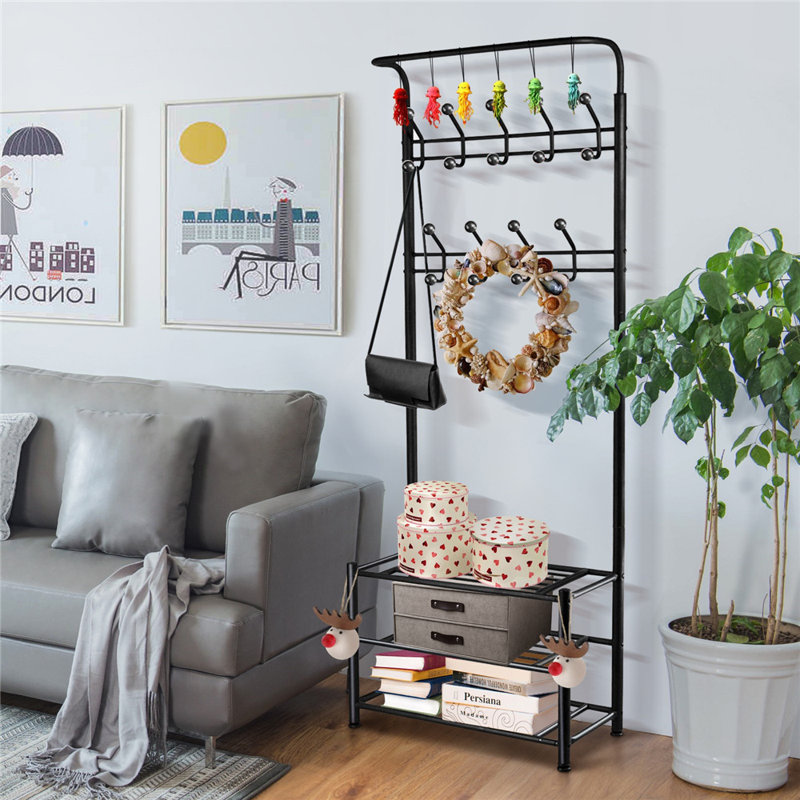 Kylan 27" Wide Iron Hall Tree with Shoe Storage, Black