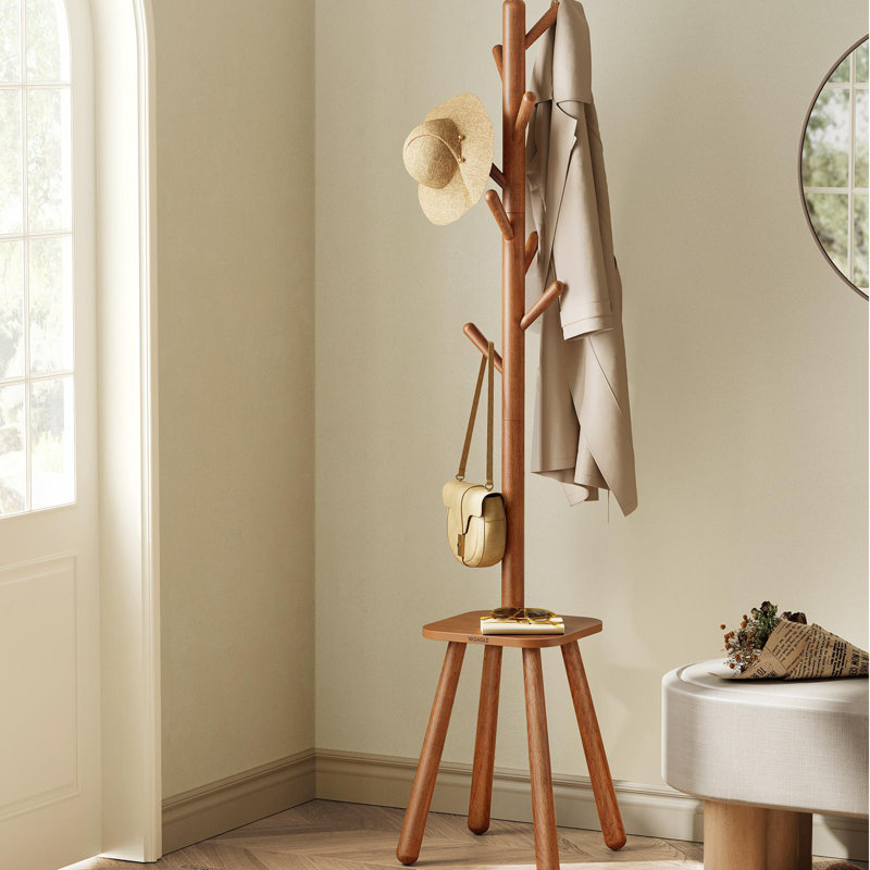 Coat Rack with 8 Hooks and Storage Shelf, Caramel Brown