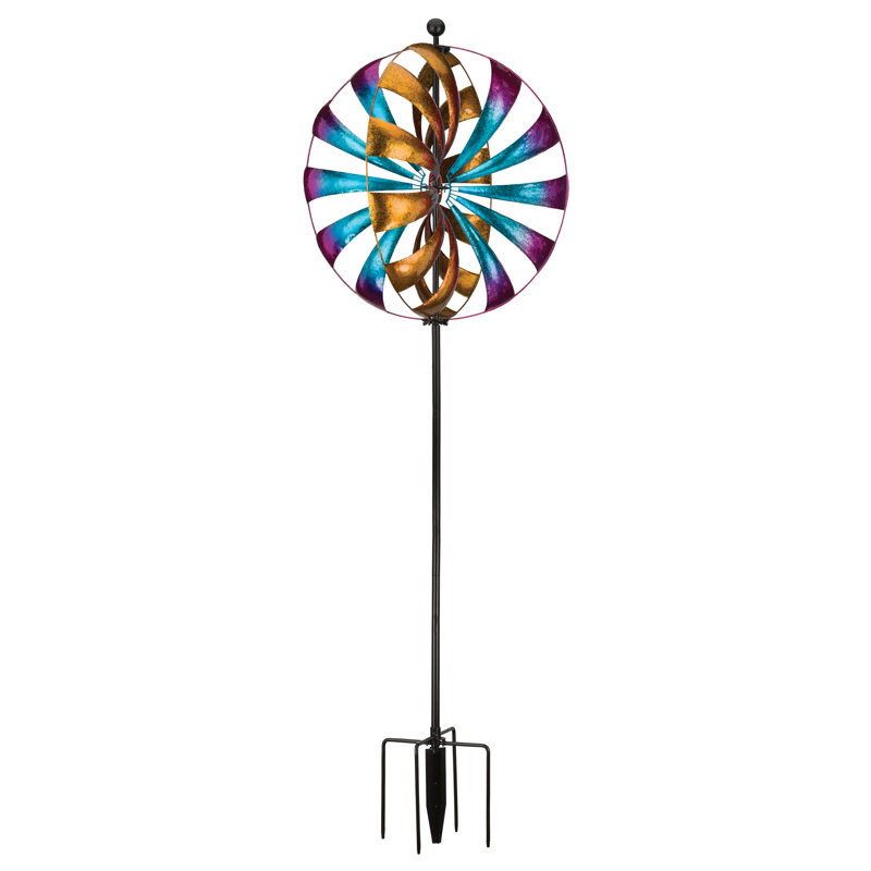 Tall Multicolor Metal Orb Wind Spinner with Ground Stake