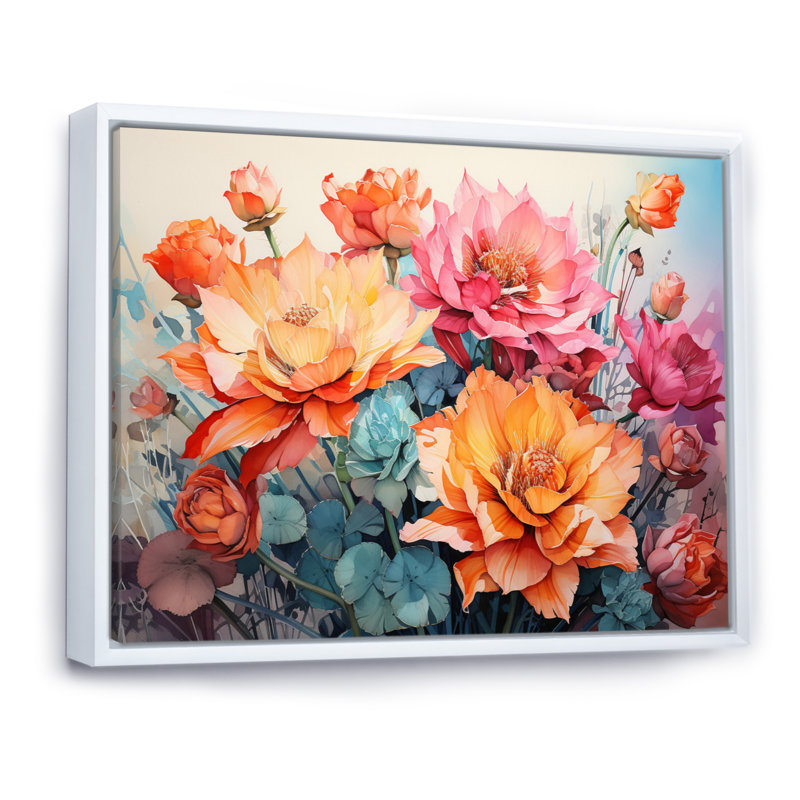Acrylique multicolore III - impression de cactus vert pêche - reproduction, H 24 po x l 32 po x P 1 po, Cadre flottant blanc