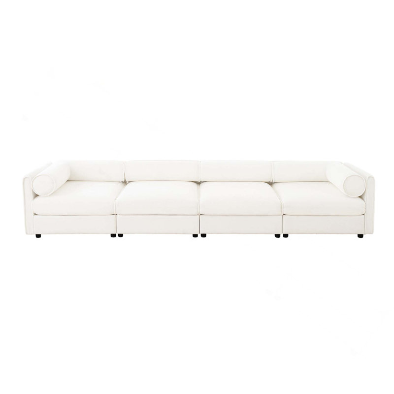 Canapé modulaire moderne à 4 sièges profonds avec dossier cylindrique, rangement et assemblage facile, Blanc