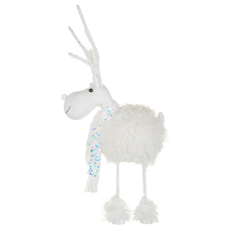 Figurine blanche et moelleuse à motif de rennes en polyester blanc chaud avec paillettes