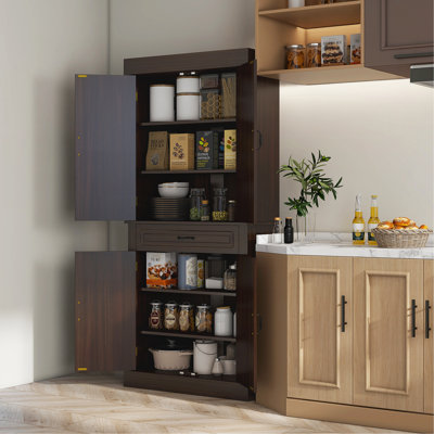 71" Freestanding Kitchen Pantry With 4 Doors, And 2 Large Cabinets, Tall Storage Cabinet With Wide Drawer For Dining Room, Coffee