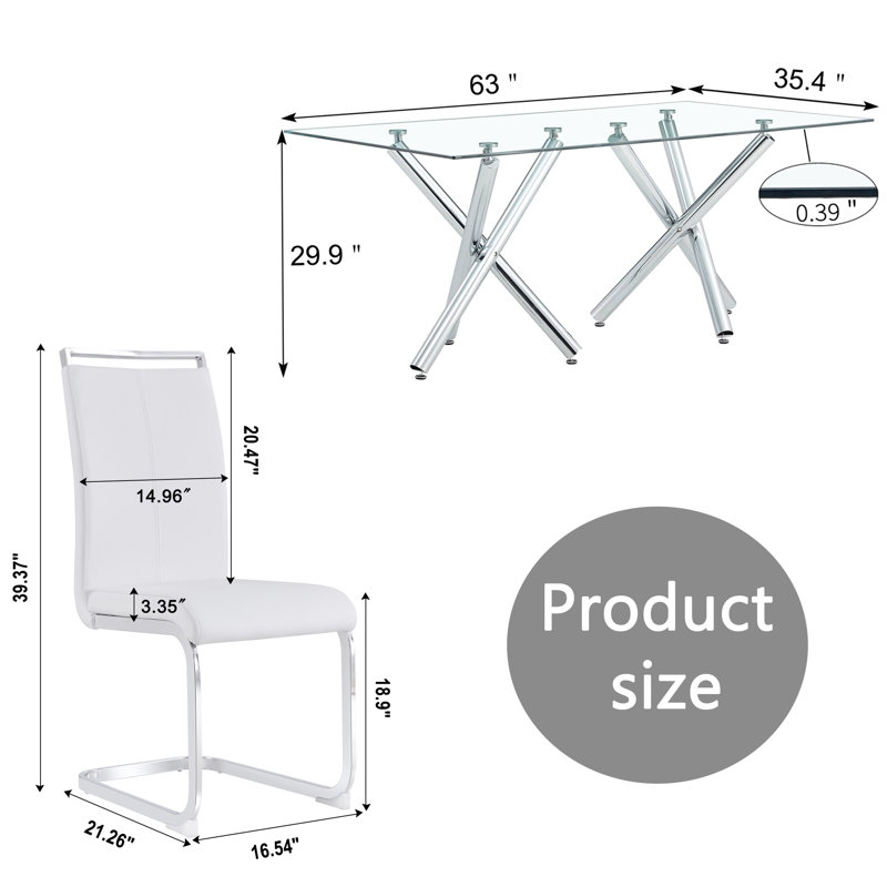 Daarina Modern Dining Table Set, Large Rectangular Glass Table with Silver X-Base and Faux Leather Cantilever Chairs, White