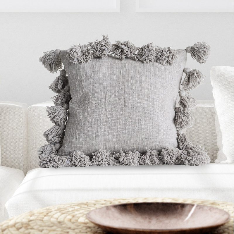 Gray Cotton Slub Pillow with Tassels