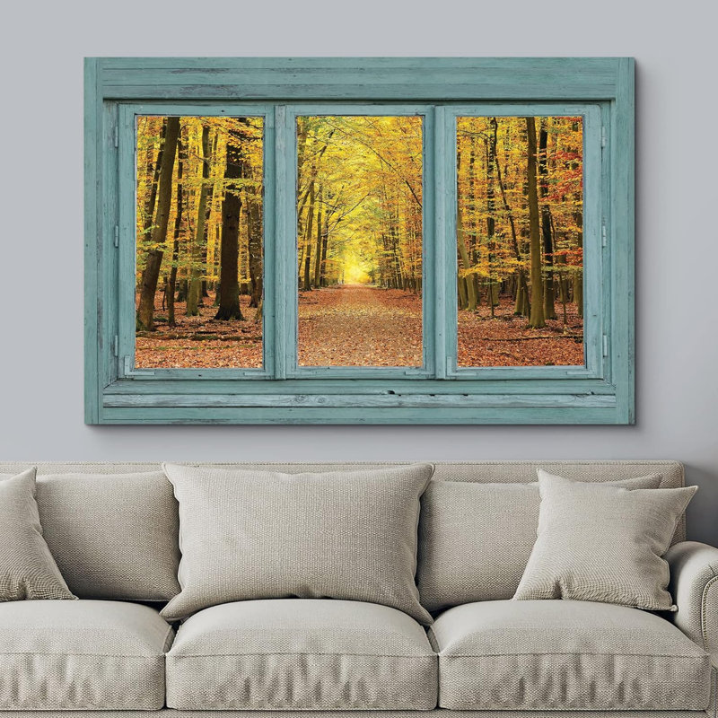 Automne «Fenêtre bleu sarcelle rétro donnant sur une forêt orange pendant la chute» sur, H 16 po x l 24 po