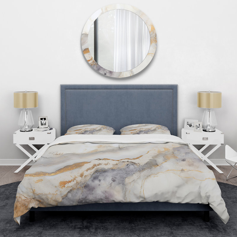 Ensemble de housse de couette beige et doré, Housse de couette pour grand lit et 2 taies décor