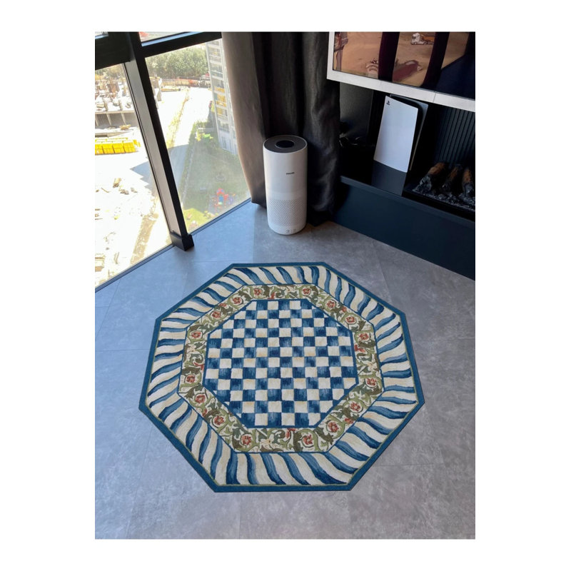 Octagonal Blue White Floral Theme Woven Floor Rug, Octagon 2'8" x 2'8"