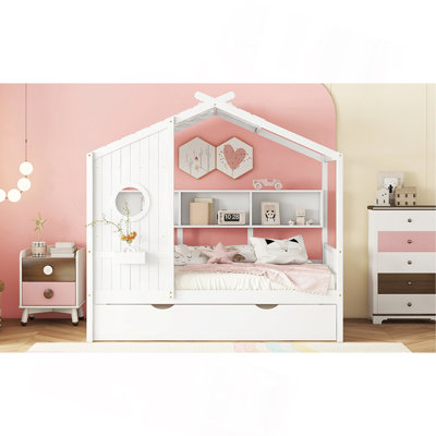 Lit de maison en bois avec lit gigogne, conception moderne avec tablette de rangement (pour enfants et tout-petits)