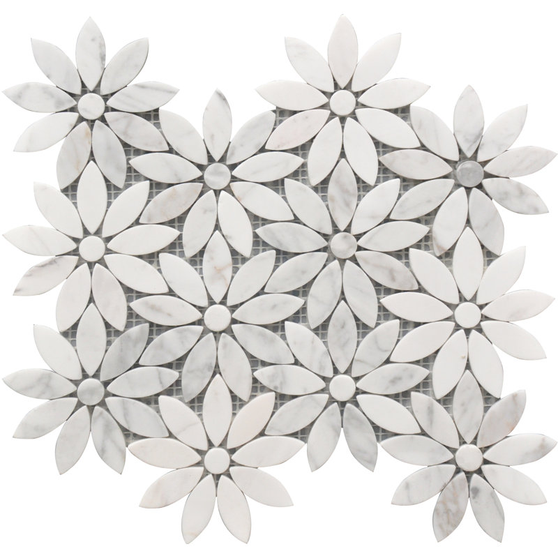 White Marble Daisy Flower 10x12 Mosaic Tile – Floral Backsplash Tile for Kitchen, Bathroom & Shower Wall (10x12 Sheet)