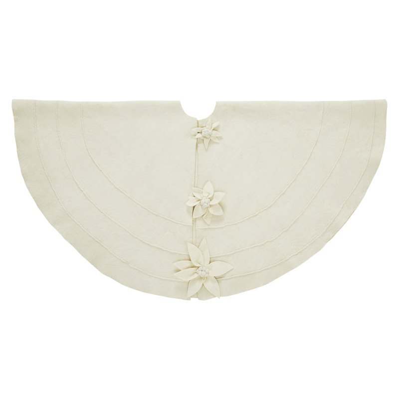 Cream Hand-Felted Wool Christmas Tree Skirt with Poinsettia Buttons