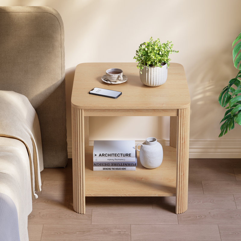 Ensemble de 2 tables de bout arrondies de coin avec table de chevet carrée de 22,1 po avec pieds à vagues verticales, table d'appoint Boho à 2 niveaux pour le salon, la chambre à coucher et le bureau personnel (chêne)