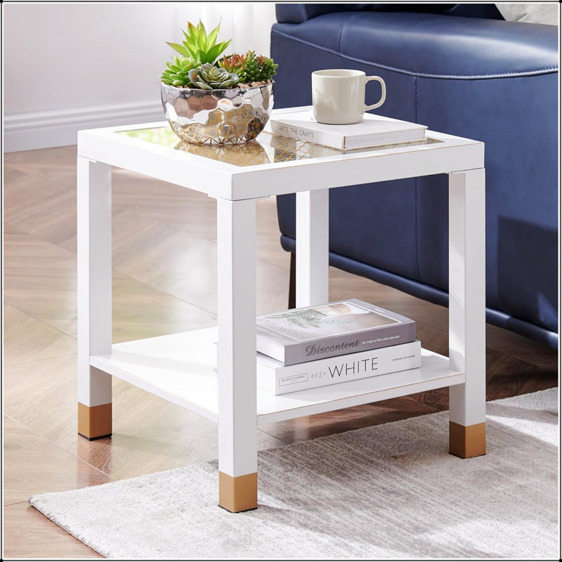 Table d'appoint carrée de style boho avec plateau en verre trempé et structure en métal, conception à 2 niveaux pour le salon et la chambre à coucher