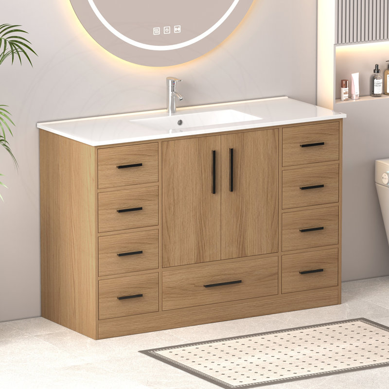 Meuble-lavabo 48 po en chêne clair avec portes et tiroirs à fermeture en douceur