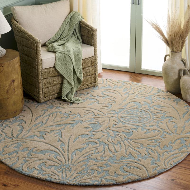 Candelo Hand Tufted Wool/Cotton/Latex Floral Rug in Light Blue/Beige, Round 6'