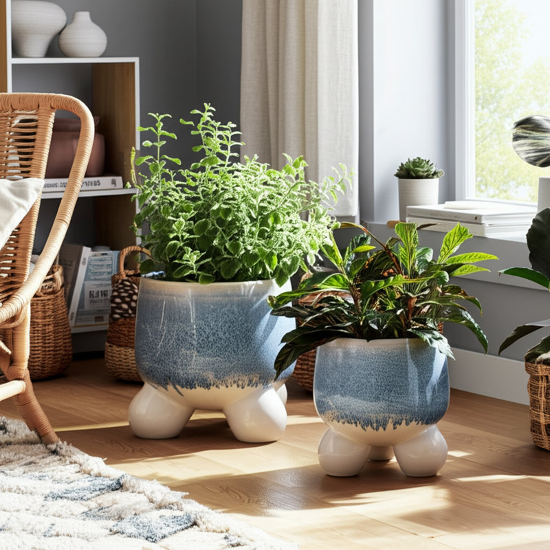 Sagebrook Home Knobby Footed Planters, Blue/White, 2-Pieces