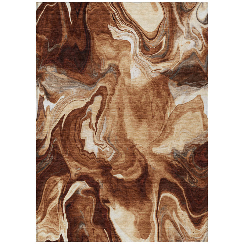 3' X 5' Orange Copper And Ivory Abstract Washable Indoor Outdoor Area Rug