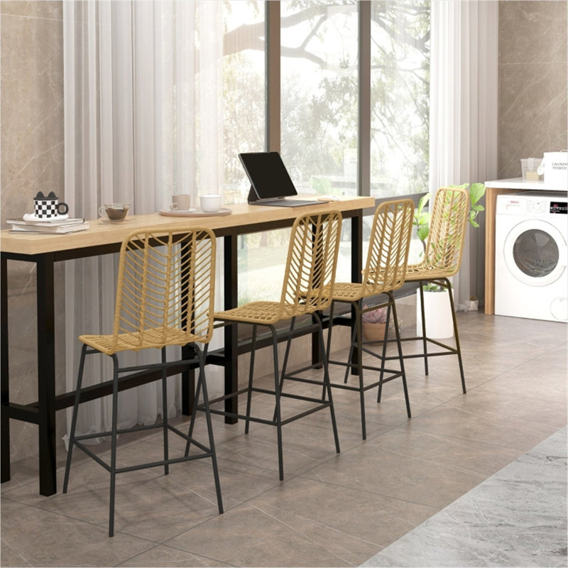 Ensemble de 4 tabourets de bar en rotin PE jaune et noir avec structure en acier massif, 42,5 cm (L) x 52 cm (P) x 102 cm (H)